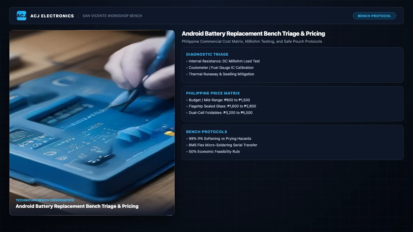 Technical bench overview of Android battery replacement showing technician hands handling a lithium pouch cell on an anti-static ESD mat alongside diagnostic internal resistance testing and commercial price tiers.