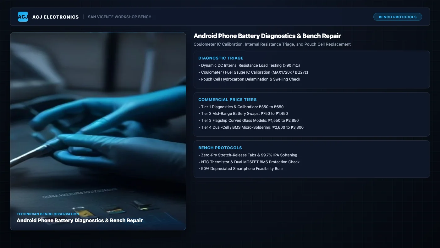 Technical bench overview of Android phone battery repair showing technician hands diagnosing a smartphone lithium-polymer battery pack on an ESD mat with multimeter probes alongside Philippine repair price tiers and fuel gauge coulometer telemetry.