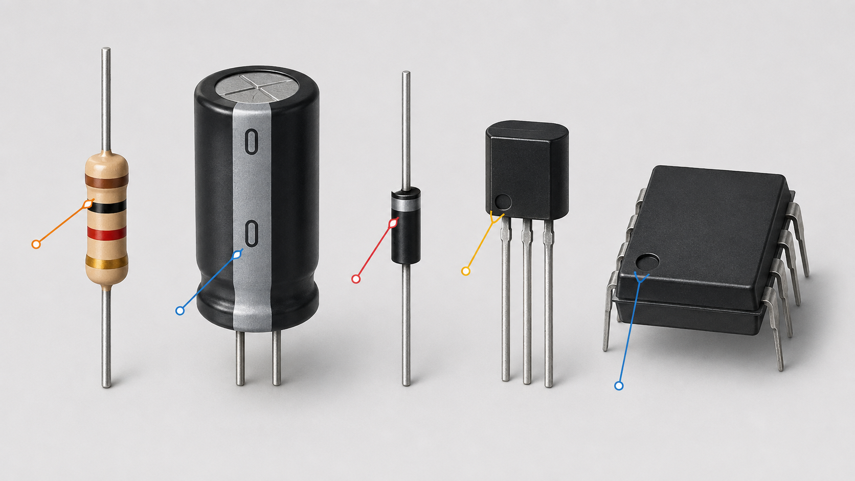 AI-generated editorial illustration of common electronic components with visible markings and polarity indicators.
