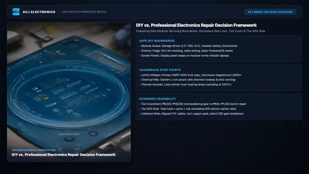 DIY vs. Professional Electronics Repair: Decision Framework, Safety Stop Points & The 50% Rule