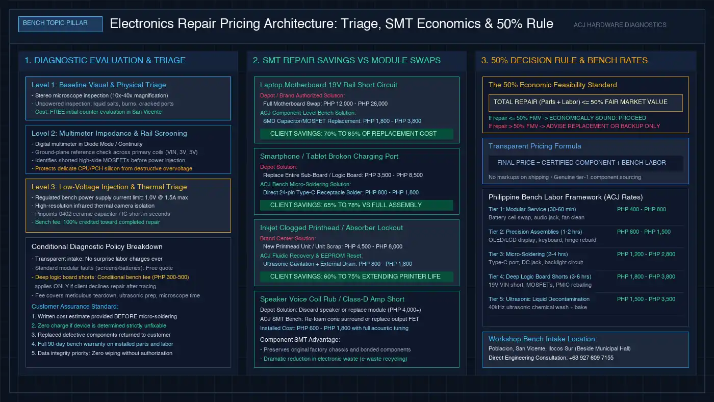 Technical diagram of electronics repair pricing architecture showing diagnostic triage workflow, component-level SMT savings versus motherboard swaps, and 50 percent economic decision rule.