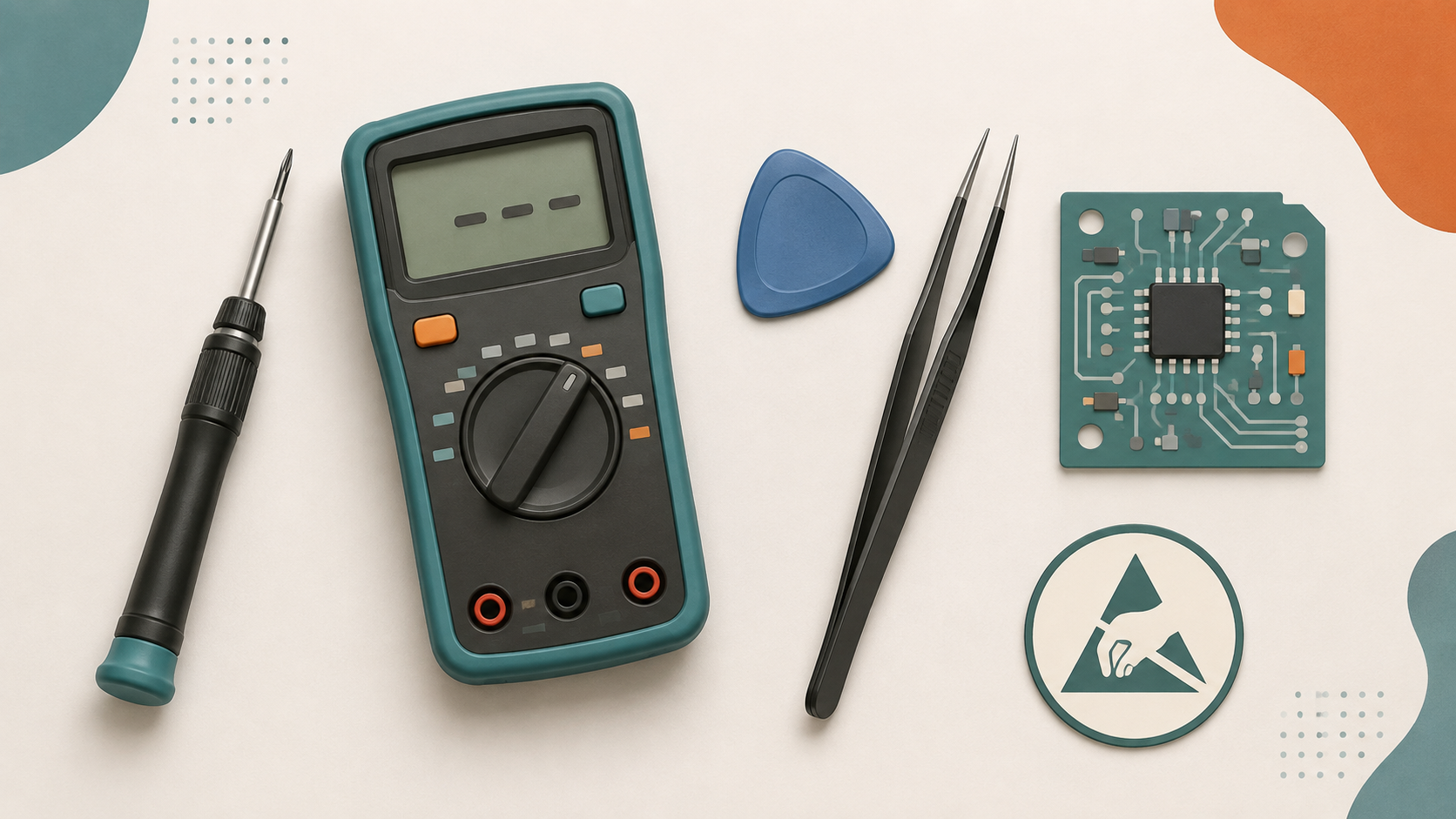 Editorial illustration of unbranded electronics tools for safe learning.