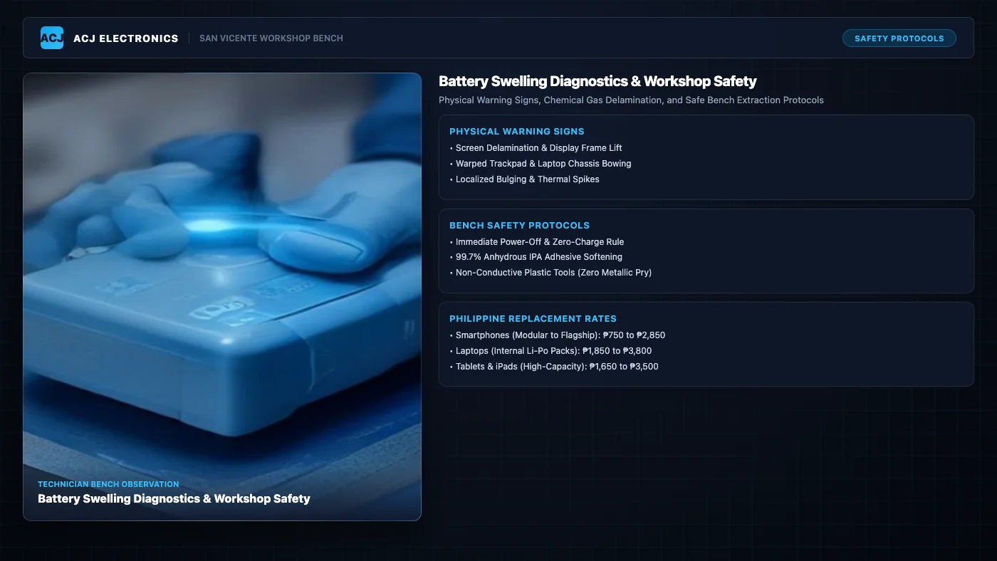 Technical bench overview of lithium battery swelling diagnostics showing technician hands inspecting a bloated pouch battery pack on an ESD mat with plastic tools alongside Philippine repair rates and workshop safety protocols.