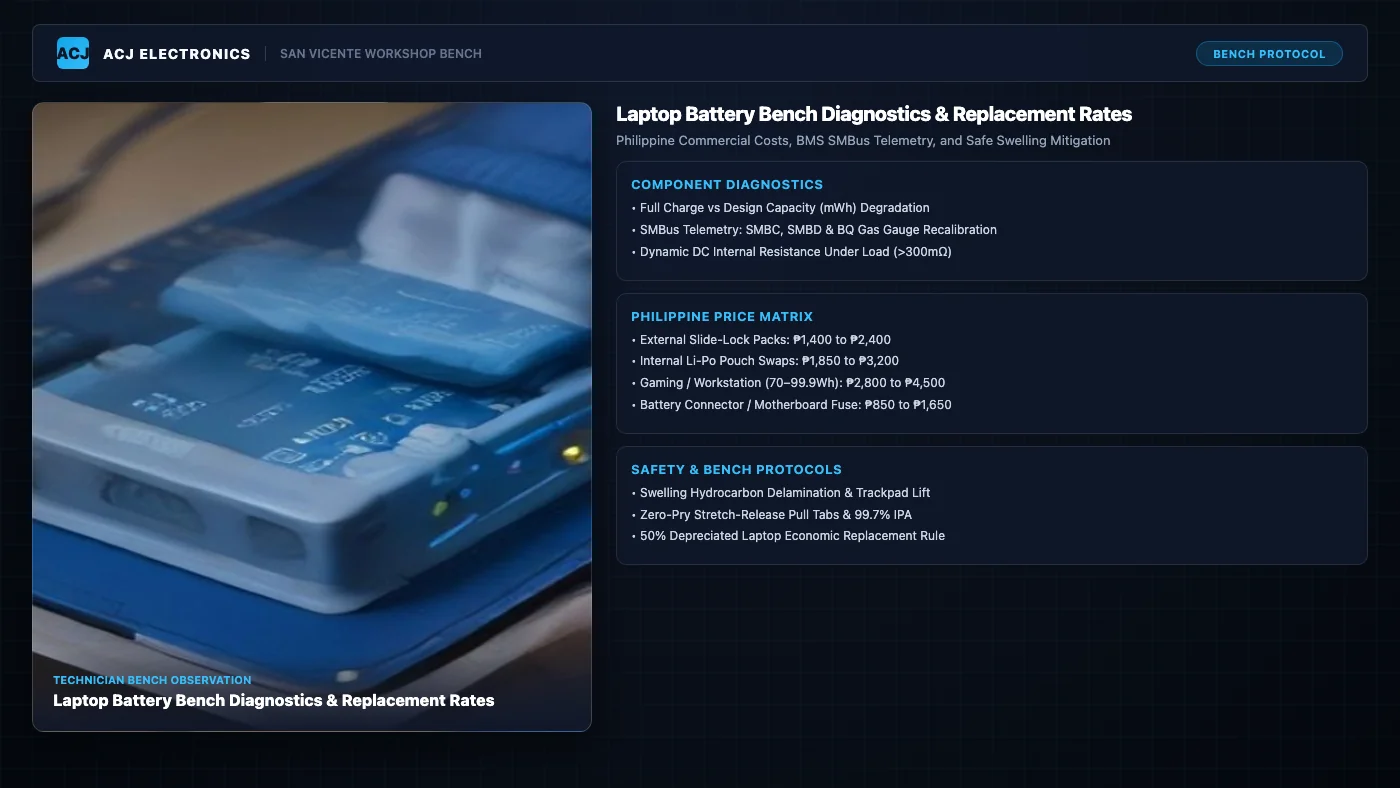 Technical bench overview of laptop battery diagnostics showing technician hands replacing an internal lithium-polymer battery pack on an ESD mat with plastic spudgers alongside Philippine replacement rates and BMS SMBus telemetry.