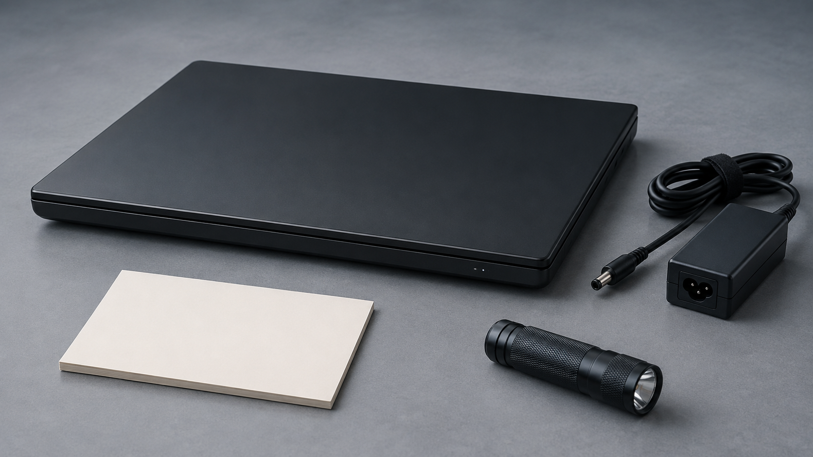 Closed unpowered laptop with an unplugged charger, blank note card, and flashlight on a neutral work surface.