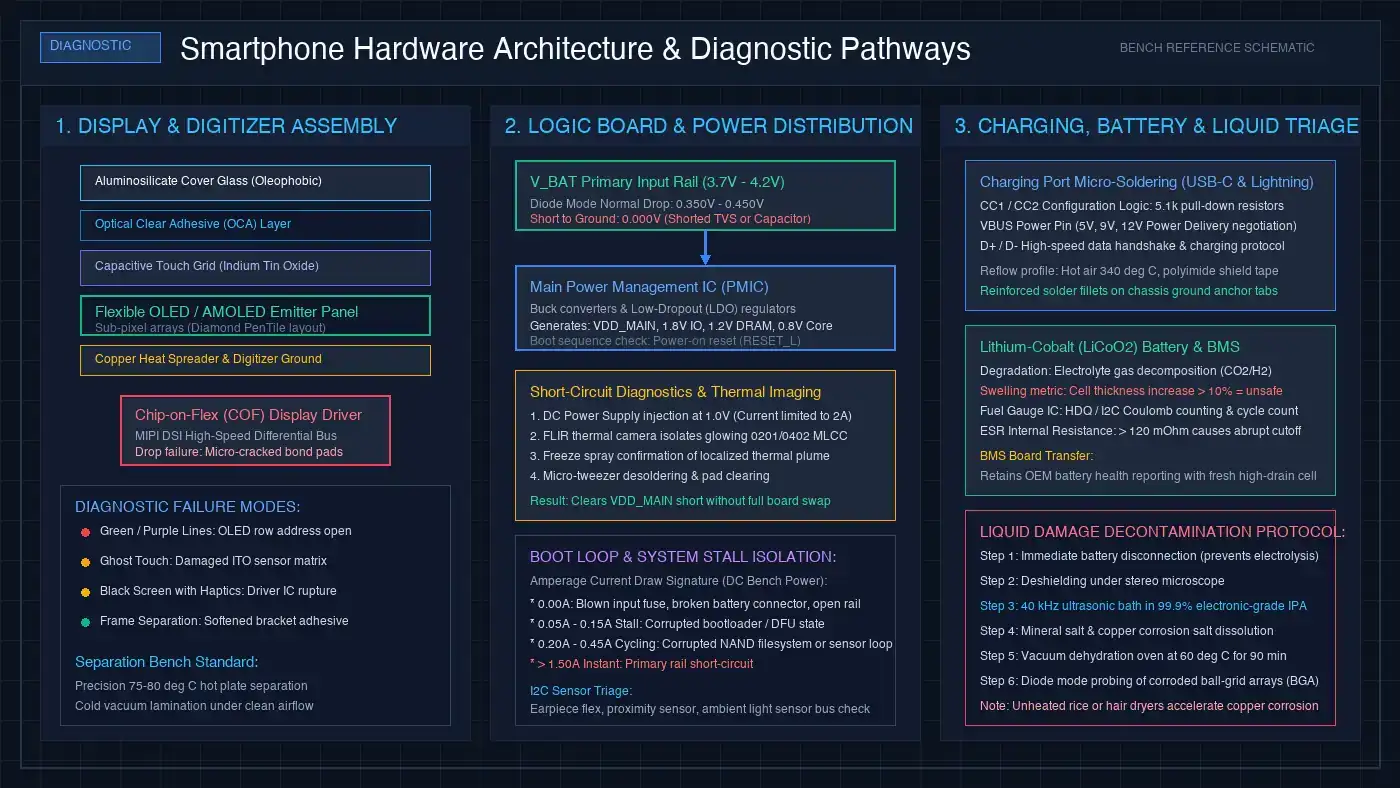 Technical diagram of smartphone hardware architecture showing OLED display assembly, logic board power distribution rails, and lithium battery BMS.