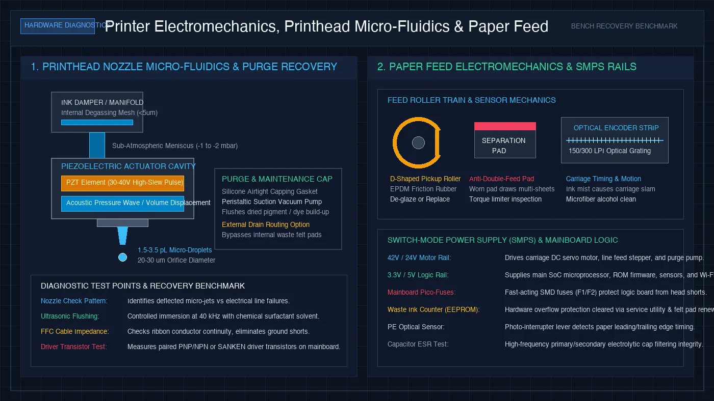 Technical diagram of printer electromechanics showing piezoelectric printhead micro-chamber, paper feed roller, and SMPS power delivery rails.