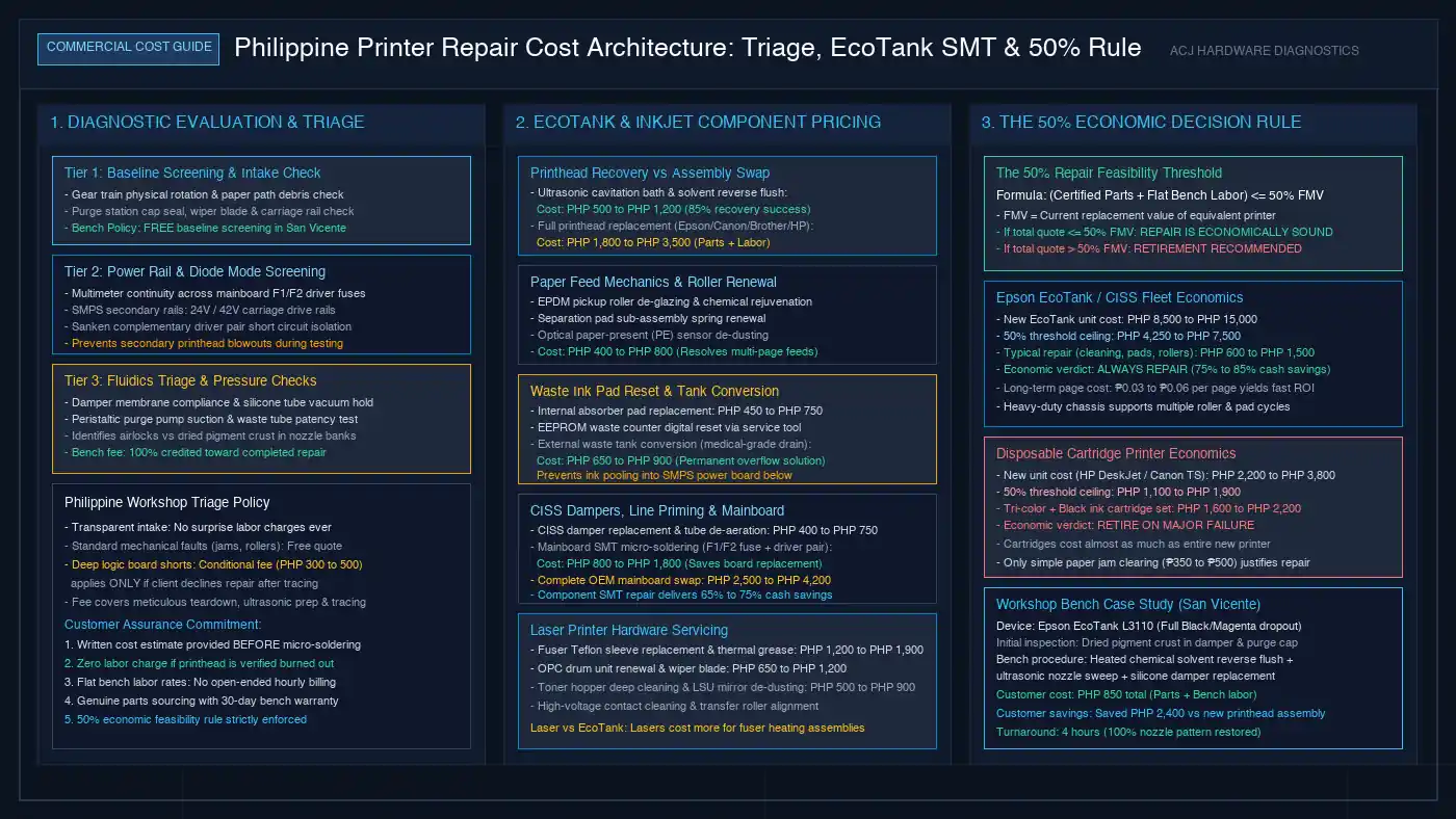 Technical diagram of printer repair cost architecture showing diagnostic screening, component-level EcoTank recovery pricing, and 50 percent decision thresholds.