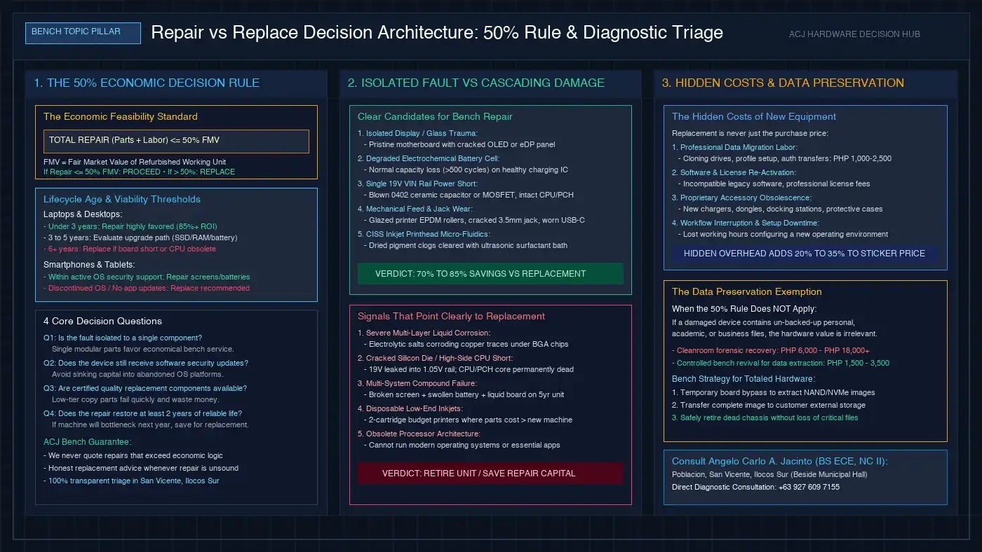 Technical diagram of electronics repair vs replace decision architecture showing 50 percent economic feasibility rule, isolated versus cascading failure triage, and hidden replacement costs.