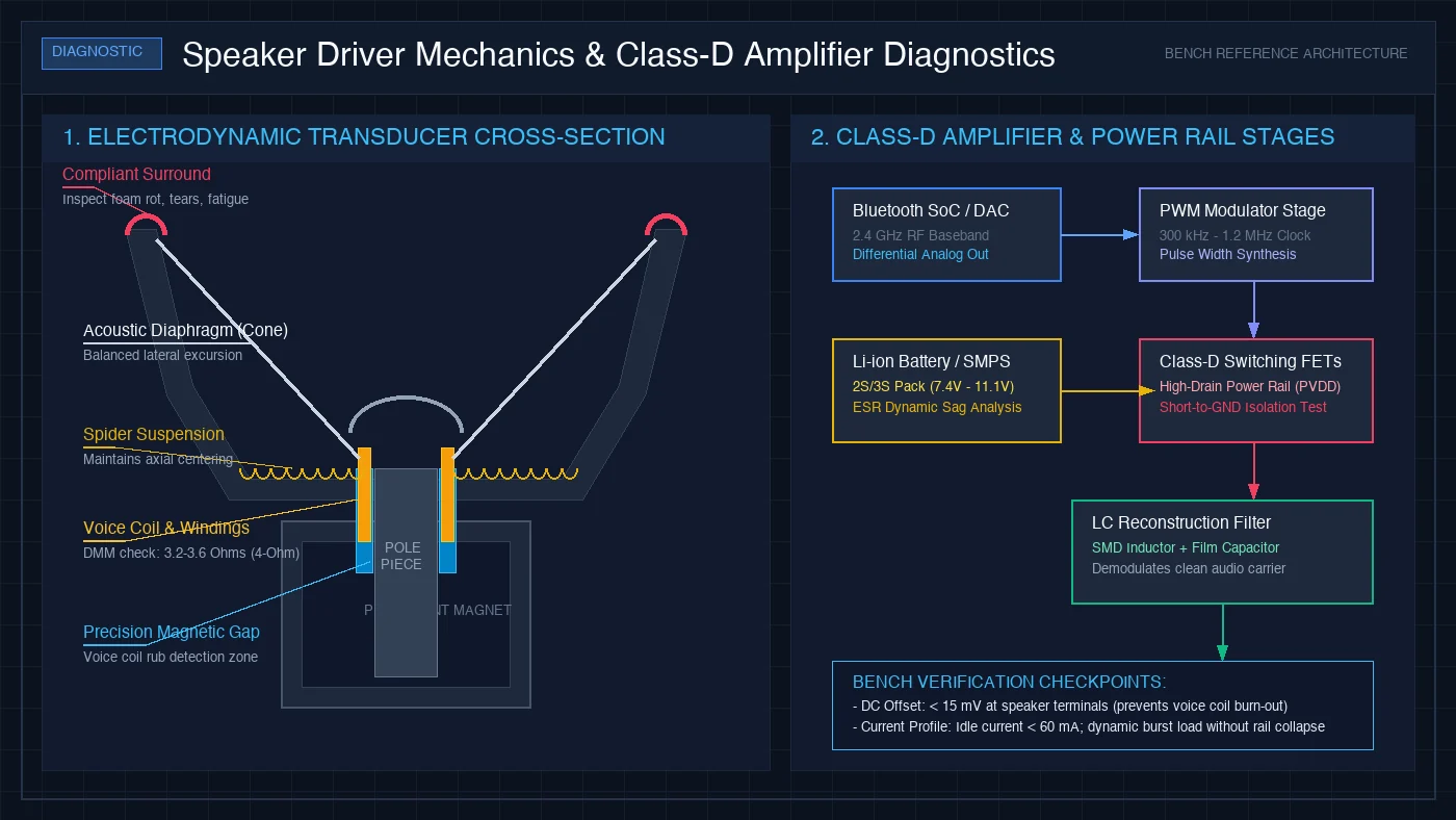 Technical diagram of an electrodynamic speaker driver showing voice coil, surround, and Class-D amplifier LC filter.